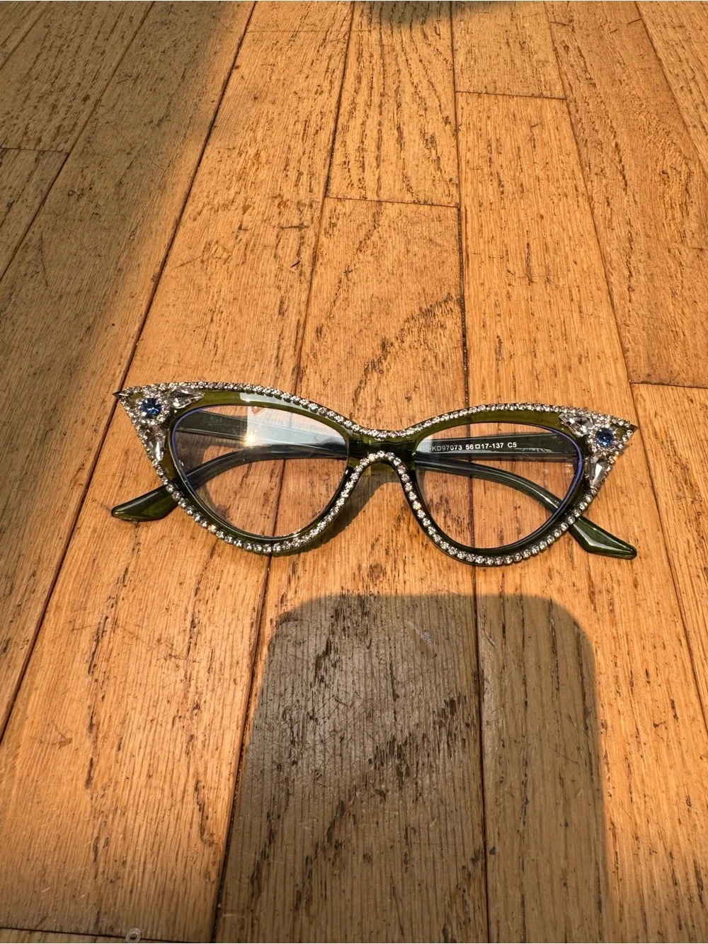 White Eyewear Case with Crystal-Trim Green Cat-Eye Glasses